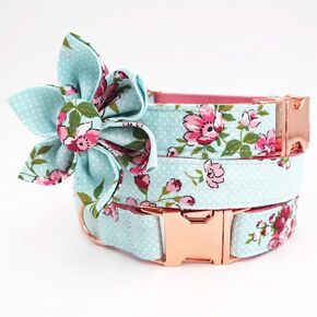 Cute Dog Collar, Girl Dog Collar with Blue Floral Design Adjustable with Rose Gold Slide Release Buckle, New Puppy Gifts