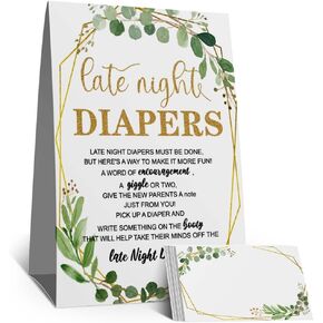 لافتة وبطاقات حفاضات اوكالبتوس في وقت متأخر من الليل، بطاقات ذهبية لأفكار الحفاضات، لعبة حفاضات حفل استقبال المولود، كتابة رسالة ملهمة مضحكة (1 لافتة قائمة + 20 بطاقة تهنئة فارغة) in Kuwait