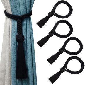 4 Pack Curtain Ties for Drapes Tassels, Farmhouse Curtain Holdbacks for Drapery, Natural Cotton Outdoor Curtain Tiebacks Home Rope Curtain Tiebacks - Black