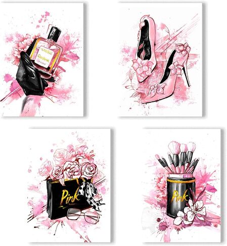 Women Fashion Canvas Wall Art,Pink Bedroom Wall Decor, Perfume Modern Art Posters，Fashion High Heels, Makeup Brush, Girls Room Decor, Black and Pink Fashion Poster in Saudi Arabia