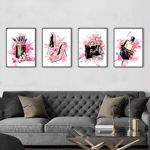 Women Fashion Canvas Wall Art,Pink Bedroom Wall Decor, Perfume Modern Art Posters，Fashion High Heels, Makeup Brush, Girls Room Decor, Black and Pink Fashion Poster in Saudi Arabia