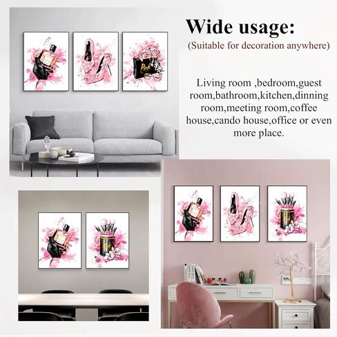 Women Fashion Canvas Wall Art,Pink Bedroom Wall Decor, Perfume Modern Art Posters，Fashion High Heels, Makeup Brush, Girls Room Decor, Black and Pink Fashion Poster in Saudi Arabia