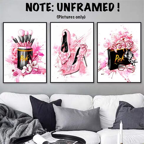 Women Fashion Canvas Wall Art,Pink Bedroom Wall Decor, Perfume Modern Art Posters，Fashion High Heels, Makeup Brush, Girls Room Decor, Black and Pink Fashion Poster in Saudi Arabia