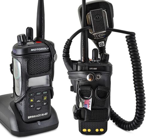 Turtleback Carry Holder for Motorola APX 4000 Two Knob Radio Extended Battery with D Rings Attachment Fire and Police Two Way Radio Belt Case Black Leather Belt Holster Heavy Duty D Rings Made in USA in Kuwait