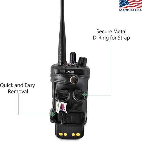 Turtleback Carry Holder for Motorola APX 4000 Two Knob Radio Extended Battery with D Rings Attachment Fire and Police Two Way Radio Belt Case Black Leather Belt Holster Heavy Duty D Rings Made in USA in Kuwait
