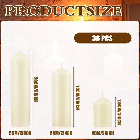 MTLEE 36 Pcs Pillar Candles Bulk Set of 3 Long Burning Wax Pillar Candles 2 in x 3, 6, 8 Inch Dripless Unscented Smokeless Candles for Wedding Party Spa Lantern Fireplace Home(Ivory White) in Saudi Arabia