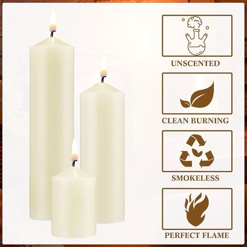 MTLEE 36 Pcs Pillar Candles Bulk Set of 3 Long Burning Wax Pillar Candles 2 in x 3, 6, 8 Inch Dripless Unscented Smokeless Candles for Wedding Party Spa Lantern Fireplace Home(Ivory White) in Saudi Arabia
