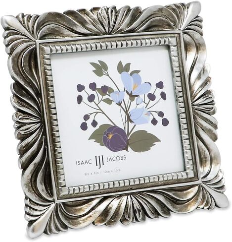 Isaac Jacobs 4x4 Silver Wave Textured Hand-Crafted Resin Picture Frame with Easel & Hook for Tabletop & Wall Display, Decorative Swirl Design Home Décor, Photo Gallery, Art, More (4x4, Silver) in Saudi Arabia
