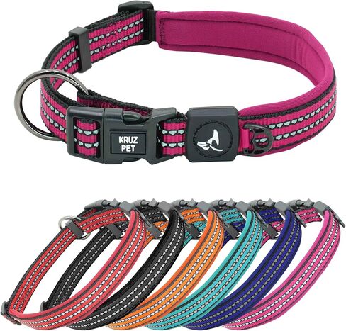 KRUZ PET KZV006-03M Reflective Dog Collar for Small, Medium, Large Dogs, 100% Nylon Adjustable Pet Neck Collar, Heavy Duty O-Ring, Soft, Comfortable Neoprene Padding - Red - Medium in Kuwait