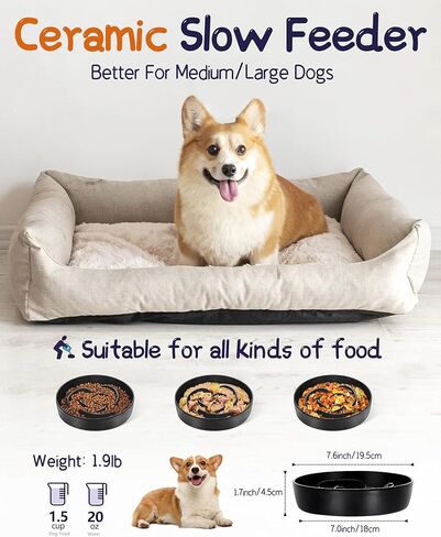 فلوتانت وعاء تغذية بطيء للكلاب مقاس M وL من السيراميك، وعاء تغذية بطيء للكلاب مقاس 7.6 انش لتناول الطعام السريع، وعاء غير قابل للانزلاق للاكل البطيء للطعام الجاف والرطب، وعاء طعام للكلاب، اسود in Kuwait