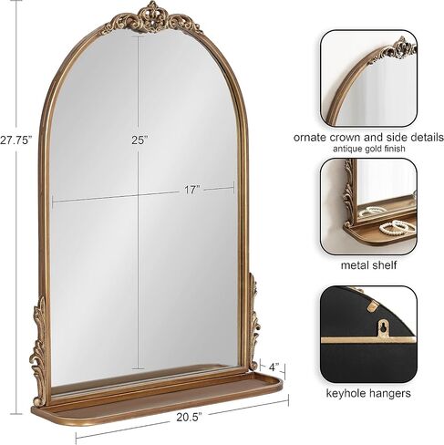 Kate and Laurel Myrcelle Traditional Arched Mirror with Shelf, 21 x 28, Antique Black, Vintage Arch Shelf Mirror with Ornate Garland Detailing Along The Crown and Edges of The Frame in Saudi Arabia
