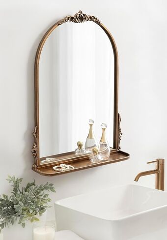 Kate and Laurel Myrcelle Traditional Arched Mirror with Shelf, 21 x 28, Antique Black, Vintage Arch Shelf Mirror with Ornate Garland Detailing Along The Crown and Edges of The Frame in Saudi Arabia