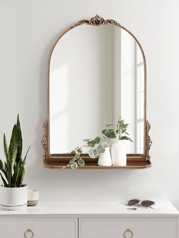 Kate and Laurel Myrcelle Traditional Arched Mirror with Shelf, 21 x 28, Antique Black, Vintage Arch Shelf Mirror with Ornate Garland Detailing Along The Crown and Edges of The Frame in Saudi Arabia