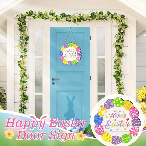 زينة لافتة باب عيد الفصح السعيد، بيض عيد الفصح الملون، لوحة خشبية معلقة للباب الأمامي، علامة ترحيب على شكل أرنب أرنب بيض عيد الفصح، علامات إكليل باب للمنزل والأماكن الداخلية والخارجية in Kuwait