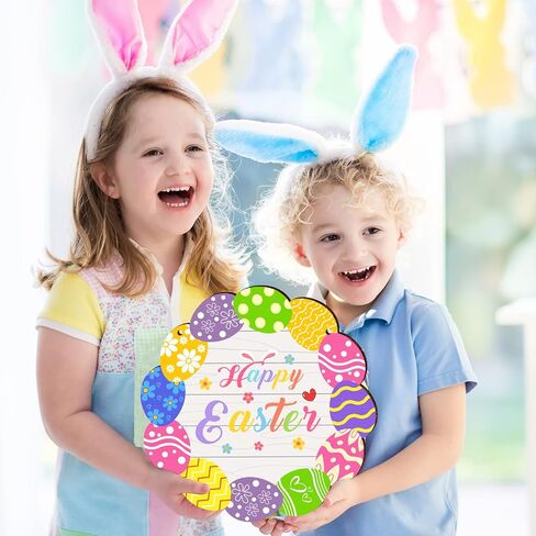 زينة لافتة باب عيد الفصح السعيد، بيض عيد الفصح الملون، لوحة خشبية معلقة للباب الأمامي، علامة ترحيب على شكل أرنب أرنب بيض عيد الفصح، علامات إكليل باب للمنزل والأماكن الداخلية والخارجية in Kuwait