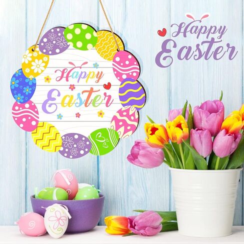 زينة لافتة باب عيد الفصح السعيد، بيض عيد الفصح الملون، لوحة خشبية معلقة للباب الأمامي، علامة ترحيب على شكل أرنب أرنب بيض عيد الفصح، علامات إكليل باب للمنزل والأماكن الداخلية والخارجية in Kuwait