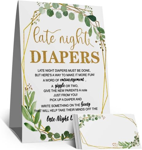 لافتة وبطاقات حفاضات اوكالبتوس في وقت متأخر من الليل، بطاقات ذهبية لأفكار الحفاضات، لعبة حفاضات حفل استقبال المولود، كتابة رسالة ملهمة مضحكة (1 لافتة قائمة + 20 بطاقة تهنئة فارغة) in Kuwait