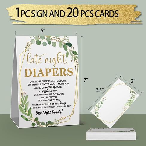 لافتة وبطاقات حفاضات اوكالبتوس في وقت متأخر من الليل، بطاقات ذهبية لأفكار الحفاضات، لعبة حفاضات حفل استقبال المولود، كتابة رسالة ملهمة مضحكة (1 لافتة قائمة + 20 بطاقة تهنئة فارغة) in Kuwait