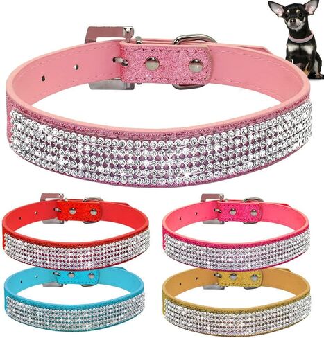 Pimaodog Rhinestone Dog Collar, Cute Dazzling Sparkling Leather Dog Cat Rhinestone Collar Crystal Diamond Pet Dog Puppy Collar (S:21-27cm, Silver) in Kuwait