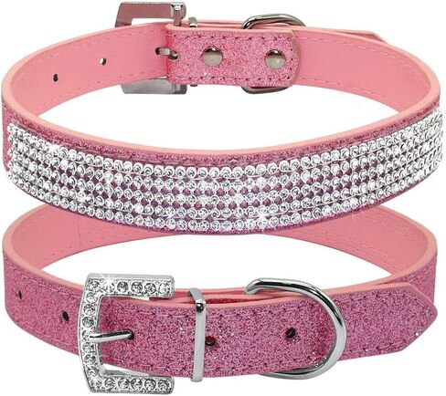 Pimaodog Rhinestone Dog Collar, Cute Dazzling Sparkling Leather Dog Cat Rhinestone Collar Crystal Diamond Pet Dog Puppy Collar (S:21-27cm, Silver) in Kuwait