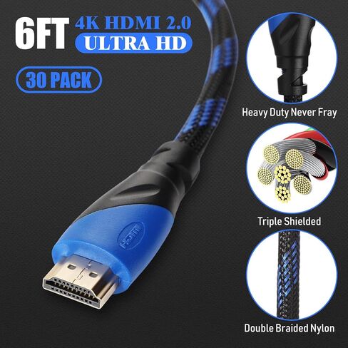 كابل كانايو 30 حزمة 4K متوافق مع منفذ HDMI كابل إلكتروني بطول 6 أقدام لنقل السرعة العالية سلك مجدول 48 جيجابت في الثانية متوافق مع جهاز العرض، PS5، PS4، الكمبيوتر المحمول، الشاشة، التلفزيون، الكمبيوتر in Saudi Arabia