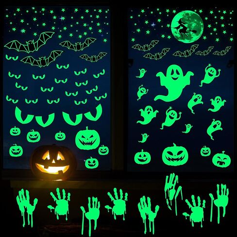 173 Pieces Halloween Glow in The Dark Decorations Weird Moon Sticker Green Luminous Stars 3D Bat Decal Bloody Handprint Wall Decor Ghost Spooky Eyes Window Clings for Kids Halloween Party Supplies in Saudi Arabia
