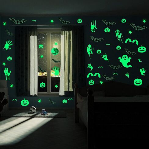 173 Pieces Halloween Glow in The Dark Decorations Weird Moon Sticker Green Luminous Stars 3D Bat Decal Bloody Handprint Wall Decor Ghost Spooky Eyes Window Clings for Kids Halloween Party Supplies in Saudi Arabia
