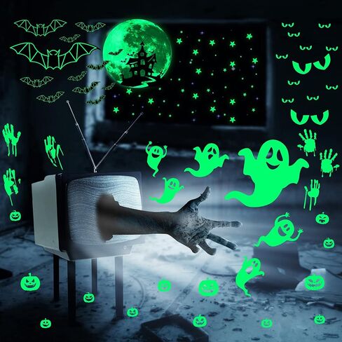 173 Pieces Halloween Glow in The Dark Decorations Weird Moon Sticker Green Luminous Stars 3D Bat Decal Bloody Handprint Wall Decor Ghost Spooky Eyes Window Clings for Kids Halloween Party Supplies in Saudi Arabia