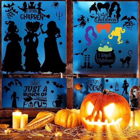 ملصقات نوافذ الهالوين، ديكورات نوافذ الهالوين، ملصقات نوافذ للهالوين، أخوات ساندرسون الساحرات على الوجهين لمستلزمات زينة حفلات الهالوين، 9 أوراق/91 قطعة in Kuwait