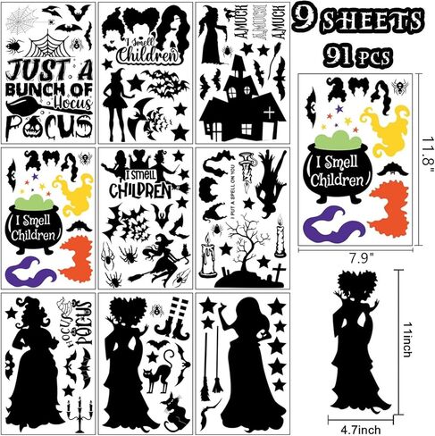 ملصقات نوافذ الهالوين، ديكورات نوافذ الهالوين، ملصقات نوافذ للهالوين، أخوات ساندرسون الساحرات على الوجهين لمستلزمات زينة حفلات الهالوين، 9 أوراق/91 قطعة in Kuwait
