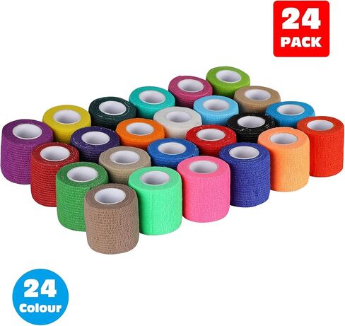 MorTime 24 حزمة من الضمادات ذاتية اللصق، لفات ضمادة متماسكة ملونة غير منسوجة متماسكة قابلة للتنفس، لفافة ذاتية اللصق من أجل الإصابات الرياضية والحيوانات الأليفة ومعصم الكاحل in Kuwait