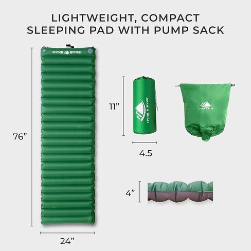 Hyke & Byke Appalachian Inflatable Sleeping Pad for Camping and Backpacking - WR 70 D Ripstop Nylon Fabric - 76 x 24 in - Long - Gray Green in Kuwait