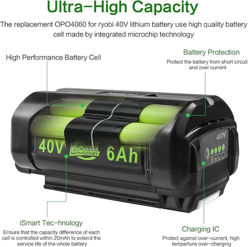 OP4060 40V 6.0Ah Lithium Battery Replacement for All Ryobi 40-Volt Power Tools OP4015 OP4026 OP40201 OP40261 OP4030 OP4040 OP40401 OP4050 OP40501 OP4050A OP40601 OP4060A RY40200 RY40403 RY40204 in Saudi Arabia
