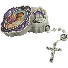 Saint Joseph Rosary | Includes Beautiful Metal Case | Metal Rosary with Purple Accents | Saint Joseph Patron Saint of the Church, Families, and Fathers | Great Gift for First Communion | Made in Italy in Saudi Arabia