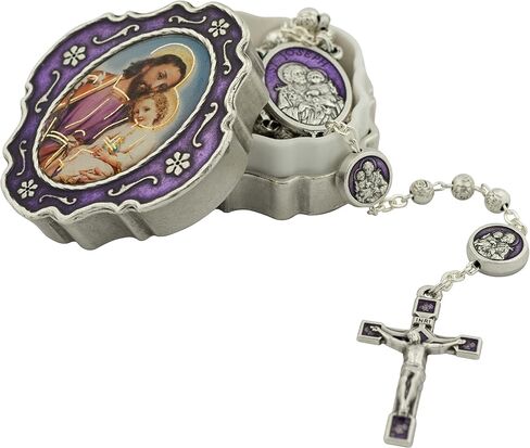 Saint Joseph Rosary | Includes Beautiful Metal Case | Metal Rosary with Purple Accents | Saint Joseph Patron Saint of the Church, Families, and Fathers | Great Gift for First Communion | Made in Italy in Saudi Arabia