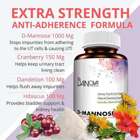 D Mannose Capsules 1350mg I D-Mannose with Cranberry for Urinary Tract Support, Urinary Tract Health for Women, UTI Prevention & Cleanse. W/Hibiscus & Dandelion, 120 Veggie Capsules in Saudi Arabia
