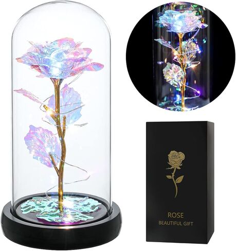 هدايا عيد ميلاد كيس فلاور للنساء، زهرة وردة كريستال زجاجية جالاكسي مع ضوء، هدايا فريدة لعيد الحب والذكرى السنوية للزفاف وعيد الميلاد (قوس قزح) in Kuwait