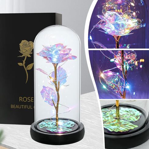 هدايا عيد ميلاد كيس فلاور للنساء، زهرة وردة كريستال زجاجية جالاكسي مع ضوء، هدايا فريدة لعيد الحب والذكرى السنوية للزفاف وعيد الميلاد (قوس قزح) in Kuwait