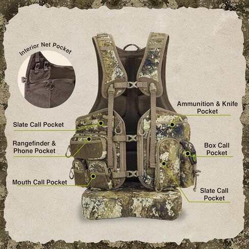 TIDEWE Turkey Vest with Seat Cushion, Turkey Hunting Vest with Game Pouch，Hunting Clothes for Men Women Adjustable in Kuwait
