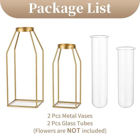 مزهرية معدنية لديكور الطاولة من Sziqiqi - مزهرية بإطار ذهبي مع أنابيب اختبار زجاجية مقاس 8 بوصات/10 بوصات مزهرية برعم حديثة لطاولة القهوة وغرفة المعيشة مزهرية فنية هندسية مجردة لنباتات الورد المائية in Saudi Arabia