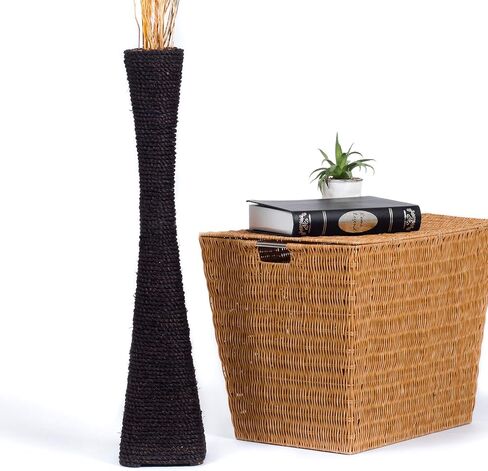 Leewadee Large Floor Vase – Handmade Flower Holder Made of Bamboo and Bast, Sophisticated Funnel Vessel for Decorative Branches, 36 inches, Ecru in Saudi Arabia