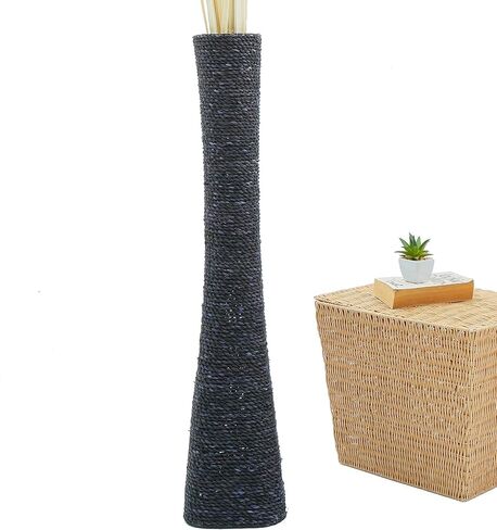 Leewadee Large Floor Vase – Handmade Flower Holder Made of Bamboo and Bast, Sophisticated Funnel Vessel for Decorative Branches, 36 inches, Ecru in Saudi Arabia