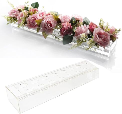مزهرية زهرة أكريليك مستطيلة شفافة - 16 فتحة، صندوق زهور مستطيل لقطع الزفاف المركزية للطاولات، مزهرية زخرفية لطاولة الطعام الحديثة (3.94 بوصة × 2.56 بوصة × 15.75 بوصة) in Kuwait