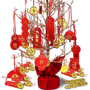 46 قطعة زينة السنة الصينية الجديدة 2023، مهرجان الربيع الأحمر عقدة صينية معلقة الحلي لاكي فو النحاس عملة معدنية للعام القمري الجديد شجرة المنزل ديكور المكتب السيارة in Kuwait