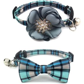Flower Dog Cat Collar for Small Dogs Girl Cats- 2 Pack Cute Floral and Plaid Puppy Collars with Removal Bowtie and Luxury Crystal Pistil Studded Flower Charm (Retro Houndstooth, Size S)