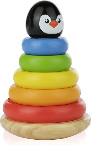 Adorable Bear Wooden Ring Colorful Rainbow Stacker - Solid Wood Educational Baby Toy for Toddler Boys and Girls Age 6-12 Months, 1 Year and Up - Classic Developmental Sorting and Stacking Toy in Saudi Arabia