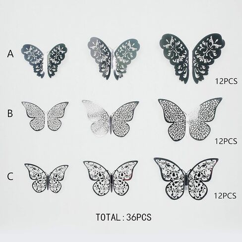 pinkblume Black Gray 3D Butterfly Wall Decor Decals Stickers Removable DIY Metallic Paper Butterflie Wall Murals Decorations for Home Living Room Babys Bedroom Showcase Nursery Wall Art Decor (36PCS) in Saudi Arabia