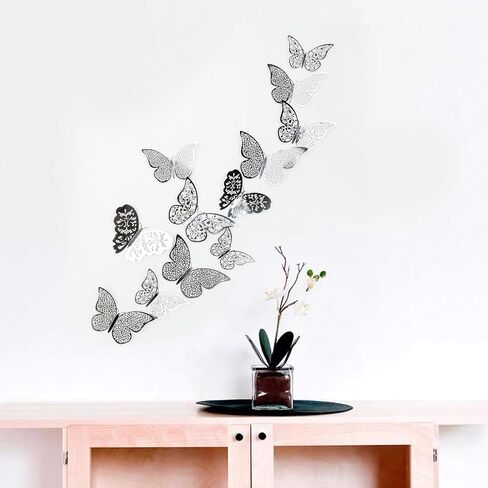 pinkblume Black Gray 3D Butterfly Wall Decor Decals Stickers Removable DIY Metallic Paper Butterflie Wall Murals Decorations for Home Living Room Babys Bedroom Showcase Nursery Wall Art Decor (36PCS) in Saudi Arabia