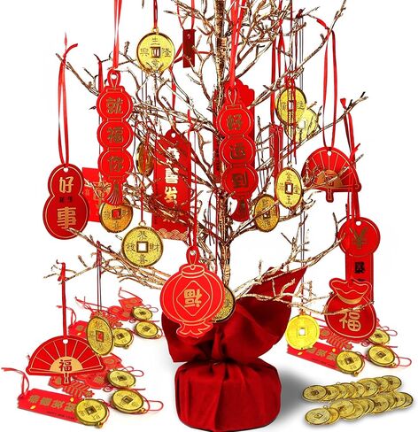 46 قطعة زينة السنة الصينية الجديدة 2023، مهرجان الربيع الأحمر عقدة صينية معلقة الحلي لاكي فو النحاس عملة معدنية للعام القمري الجديد شجرة المنزل ديكور المكتب السيارة in Kuwait