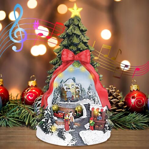 LZLINGMEI Christmas Village Houses, Christmas Tree Decor 14.96 "H with Rotating Train, LED Lights, 8 Christmas Music, Tiered Resin Christmas Decorations Indoor for Tabletop Home Kids in Saudi Arabia